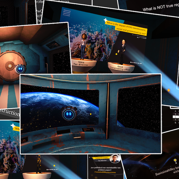 Een collage van schermafbeeldingen uit de VR-game