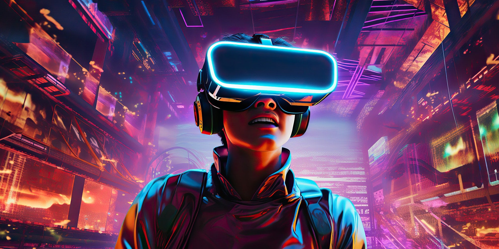 Developer met futuristische achtergrond en VR bril