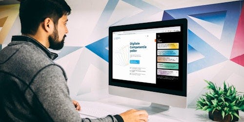 Man achter een computer kijkt naar een scherm met daarop de digitale competentiepeiler